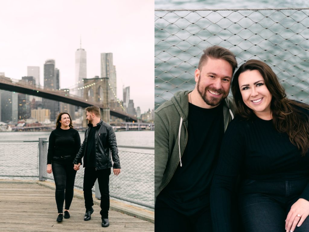 a couple walking away from the brooklyn bridge holding hands and smiling at each other