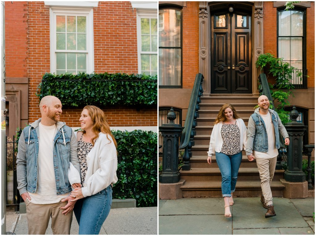 one image of a couple holding hands while looking at each other laughing. Another image of a couple walking down the stoop holding hands and laughing. 