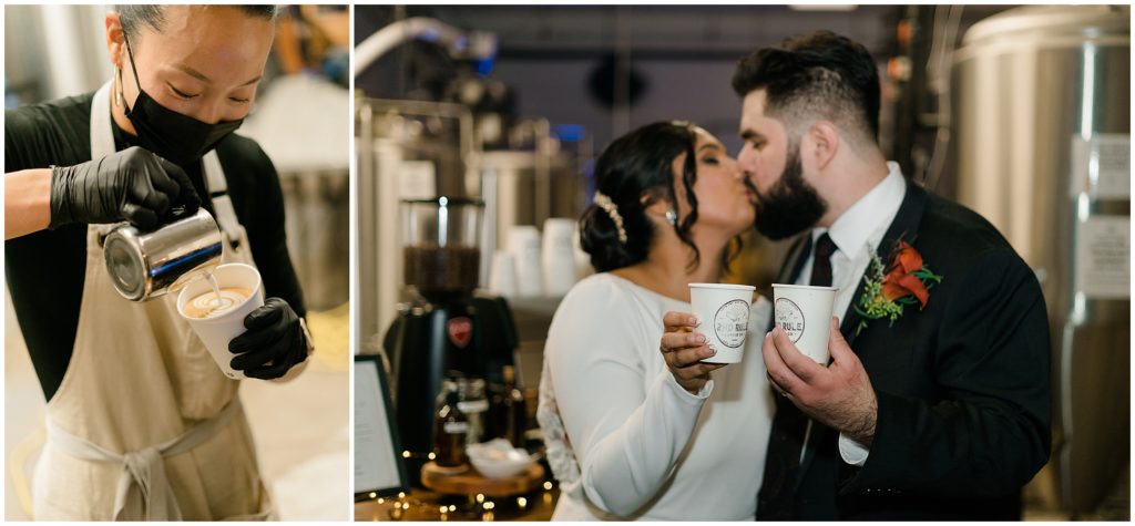 Bride and groom kissing while holding coffee cups out in front of them. 