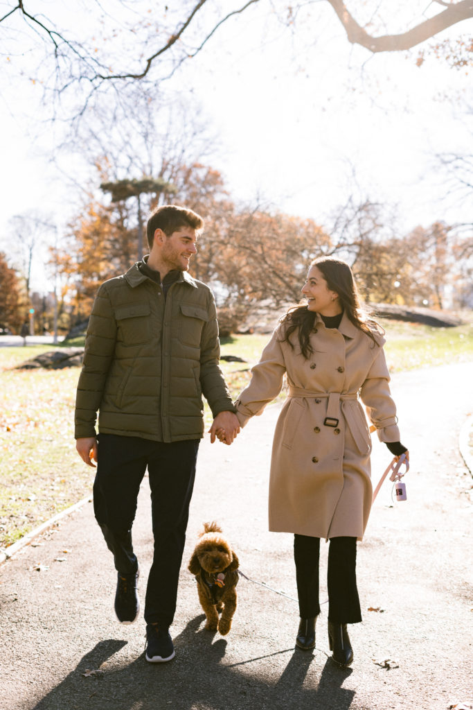 A couple looking at each other while holding hands and walking their dog in central park. 