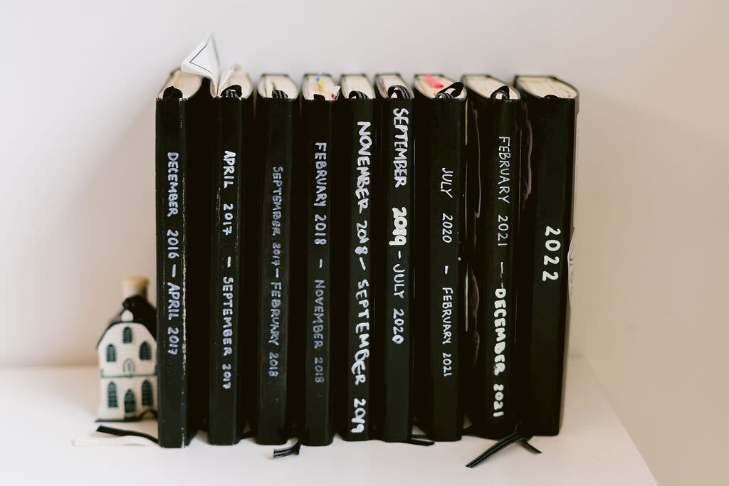 Line of black notebooks in a row on a shelf. 