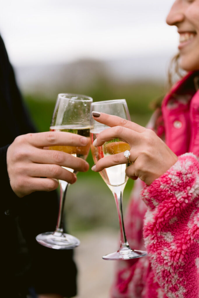 A close up view of a couple cheersing with champagne glasses. 