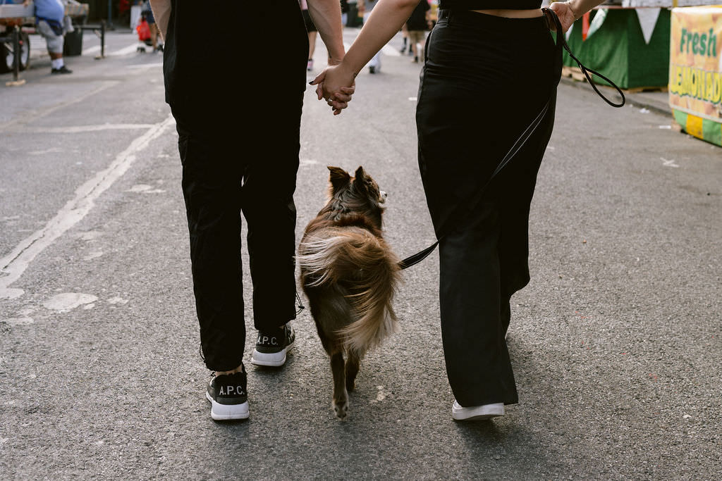 NYC engagement photos of a couple walking their dog as they hold hands.