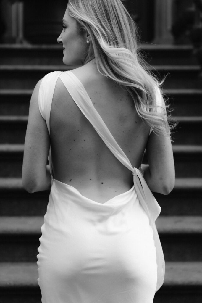 Back of a woman's dress in black and white.